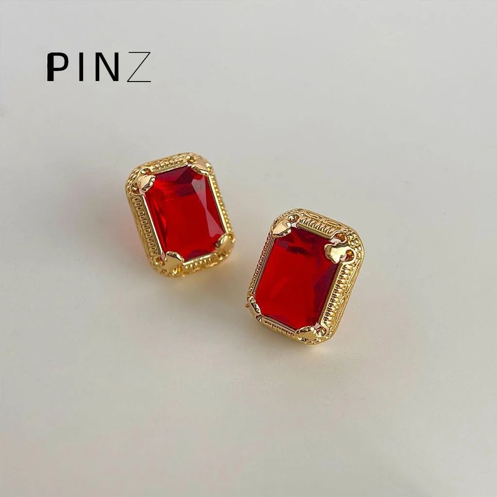 18K Gold Plated Copper Geometric Red Glass Crystal Drop Earrings Luxury Style
