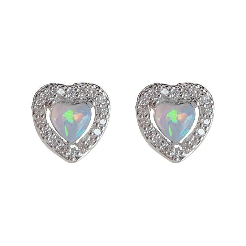 Sweet Cool Mini Heart Stud Earrings Copper Created Opal Micro Pave Zircon Jewelry