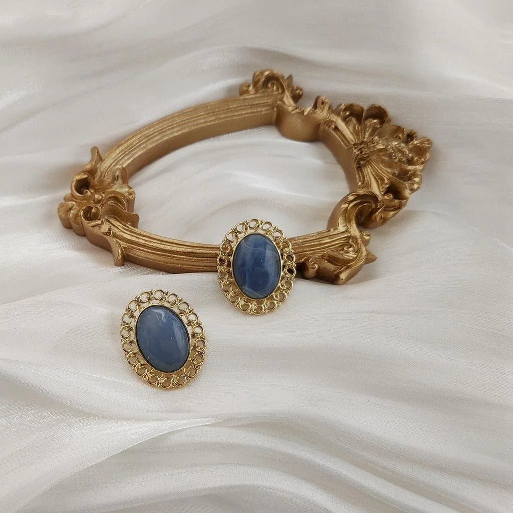 14K Plated Alloy Hollow Oval Haze Blue Drop Earrings, Hong Kong Vintage Jewelry