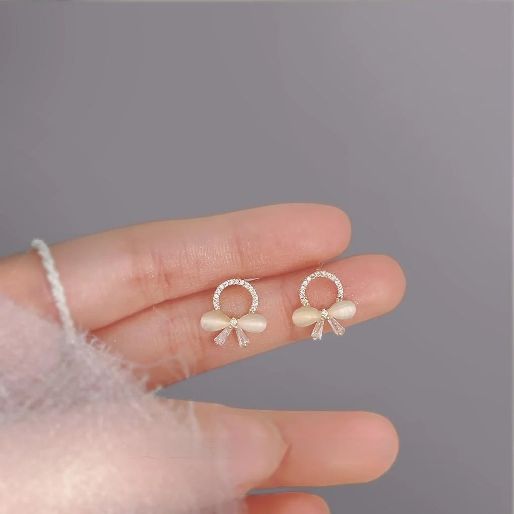 Sweet Korean Style 14K Plated Copper Bow Stud Earrings With Micro Pave Zircon Glass Cat Eye