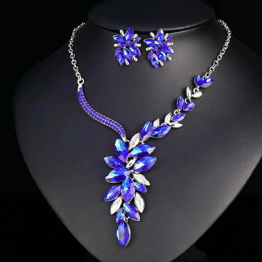 Luxury Bridal Crystal Rhinestone Flower Necklace Earrings Jewelry Set For Wedding Party Banquet Gift