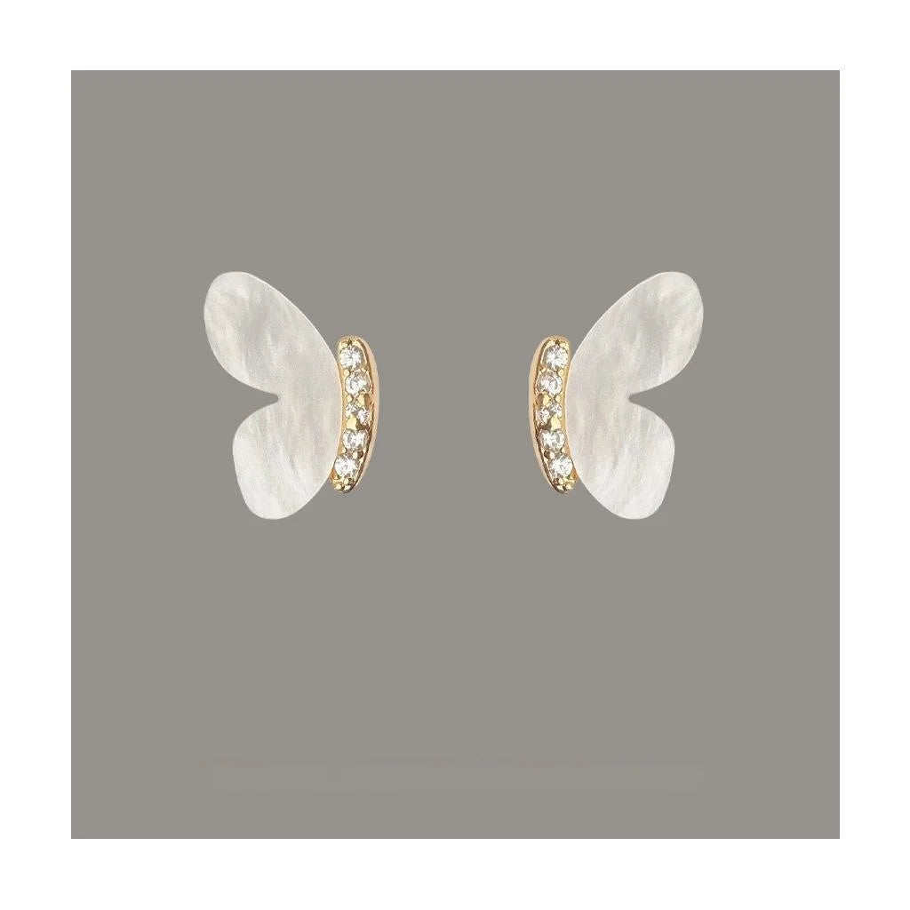 Original Design Cream White Micro Pave Zircon Butterfly Copper Stud Earrings French Elegant Jewelry