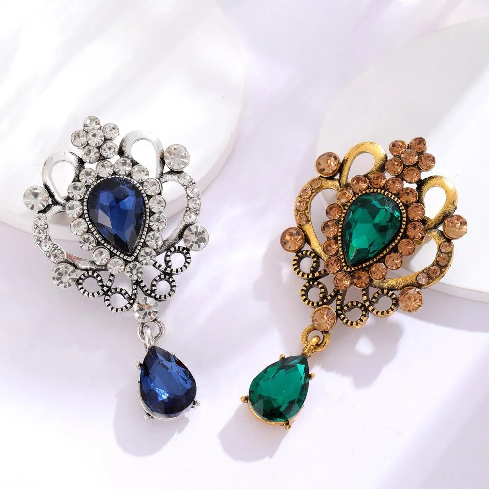 Vintage Baroque Blue Glass Teardrop Rhinestone Brooch, Luxury Palace Style Lapel Pin Suit Accessory