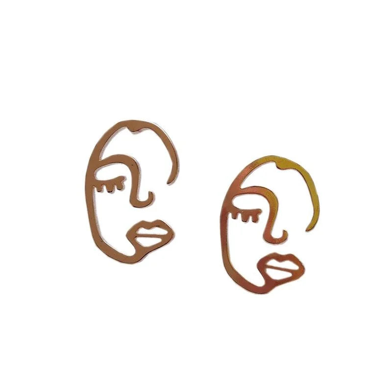 Gold Plated Copper Geometric Face Hollow Stud Earrings Korean Style Art Jewelry