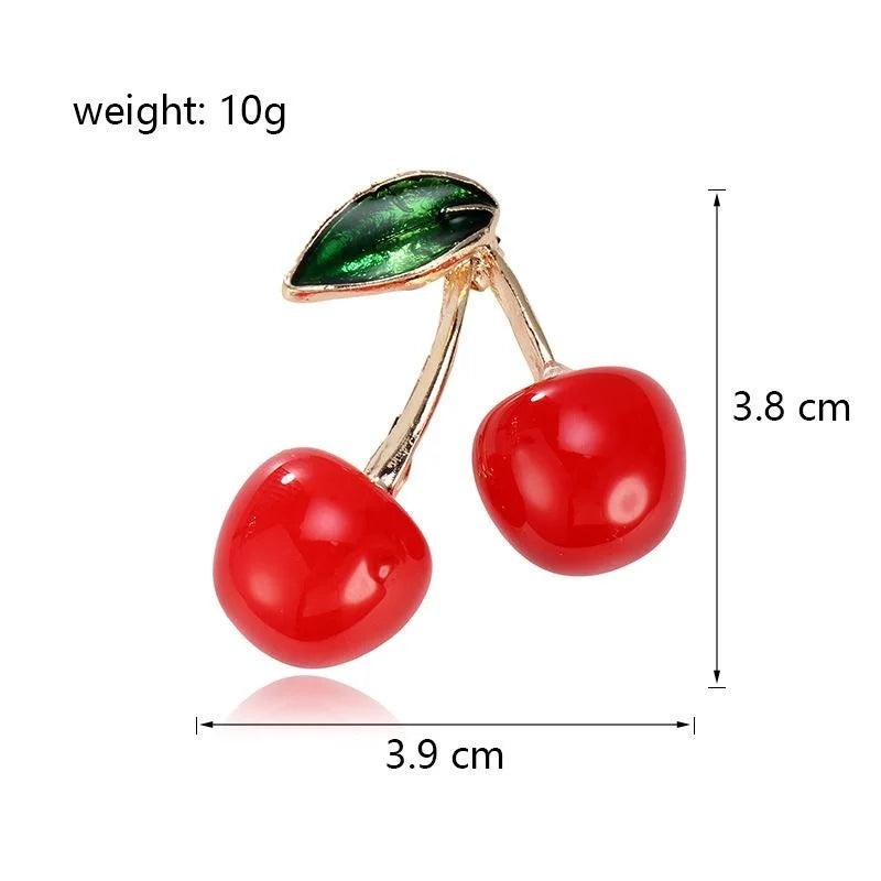 Cute Red Cherry Fruit Brooch With Glossy Enamel And Gold Alloy Leaf, Elegant Lapel Pin Suit Accessory Gift