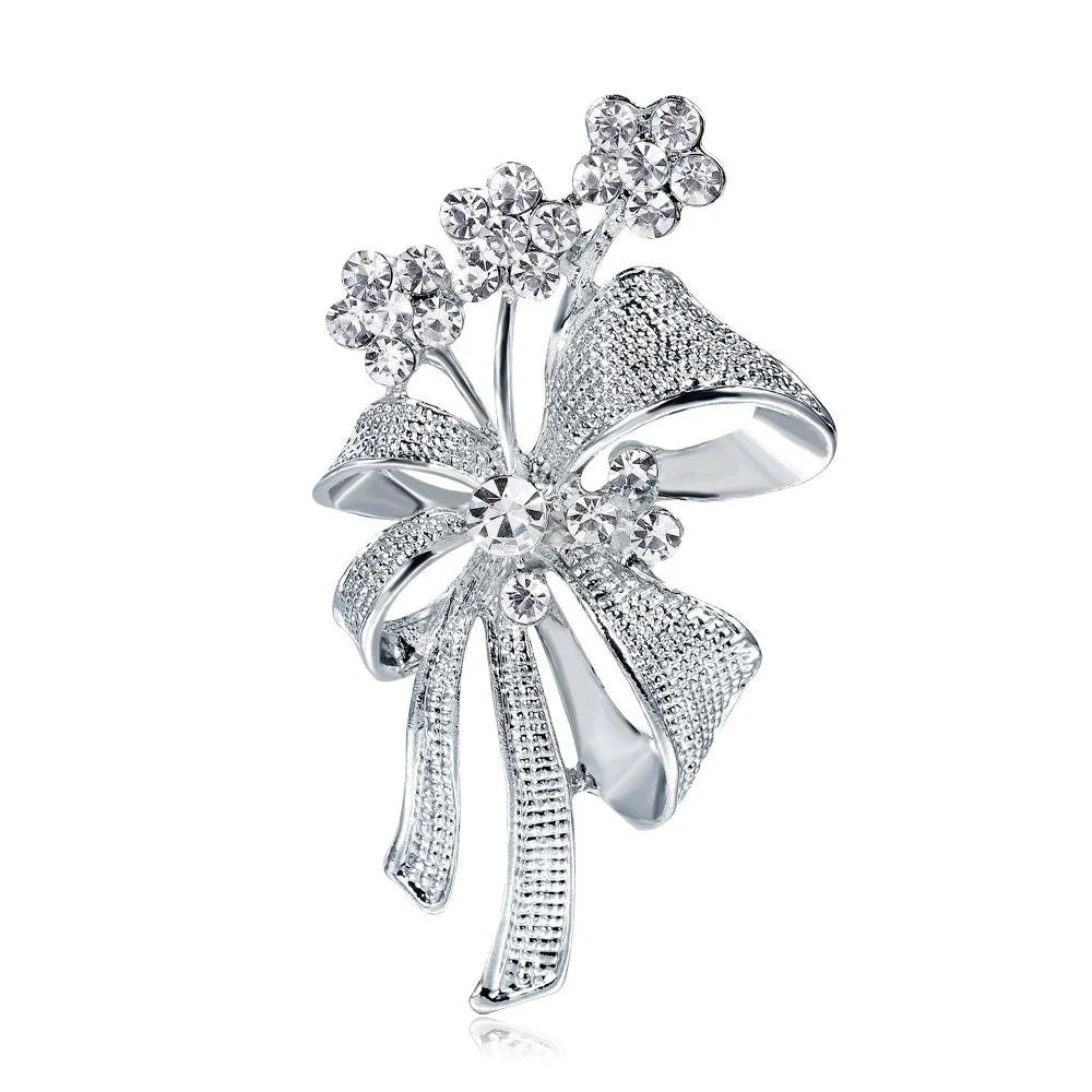Elegant Silver Alloy Hollow Bow Brooch With Rhinestone Flowers, Women's Lapel Pin Corsage Gift