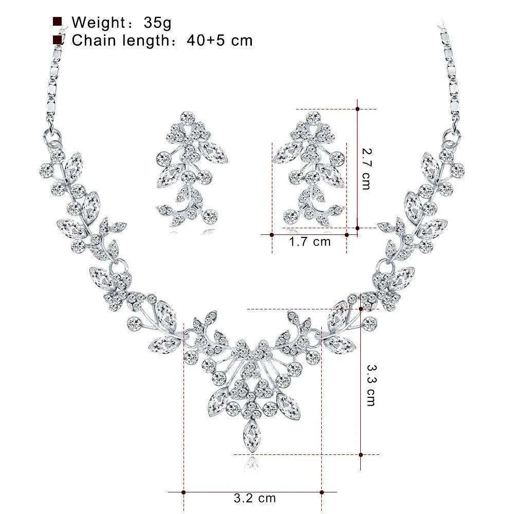 Luxury Bridal Crystal Rhinestone Floral Leaf Necklace Earrings Jewelry Set For Wedding Party Gift