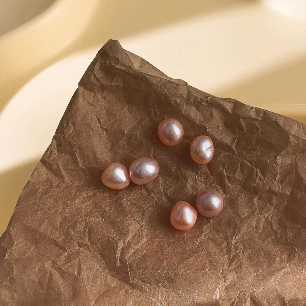 Light Luxury Baroque Pink Freshwater Pearl Stud Earrings, Irregular Geometric Single Pearl Design