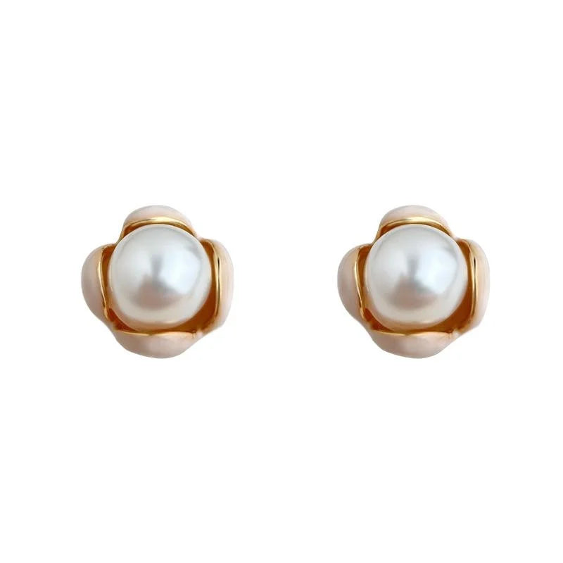 Pastoral Style Enamel Flower Petal Pearl Stud Earrings Copper Base