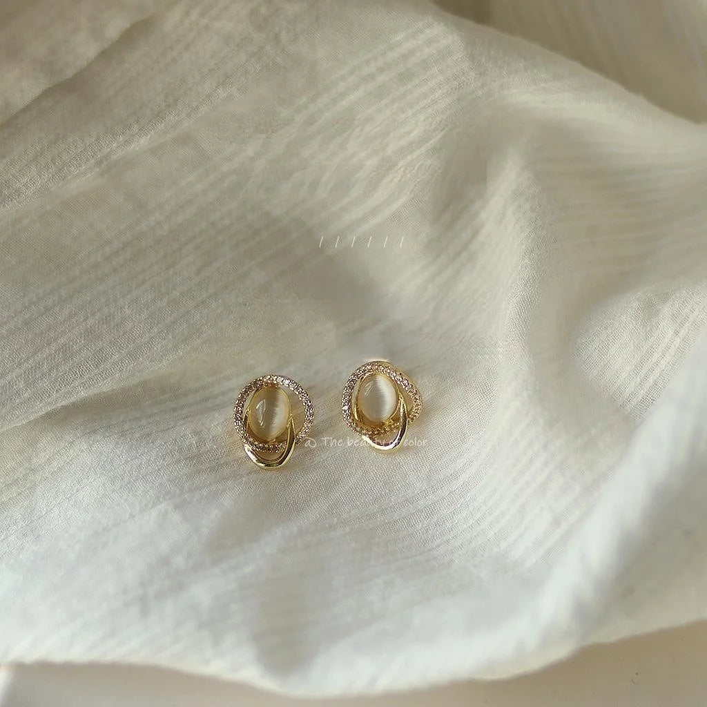 Moonlight White Cat Eye Zircon Stud Earrings 14K Plated Copper Geometric Round Luxury Jewelry