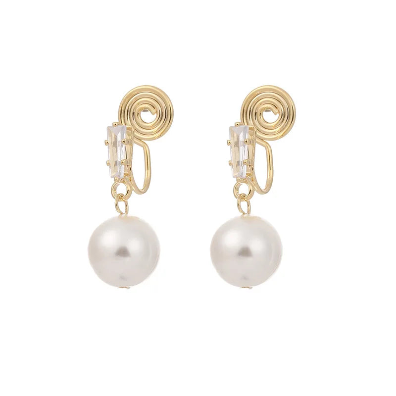 Elegant Pearl Drop Stud & Clip On No Piercing Zircon Crystal Gold Alloy Spiral Dangle Earrings