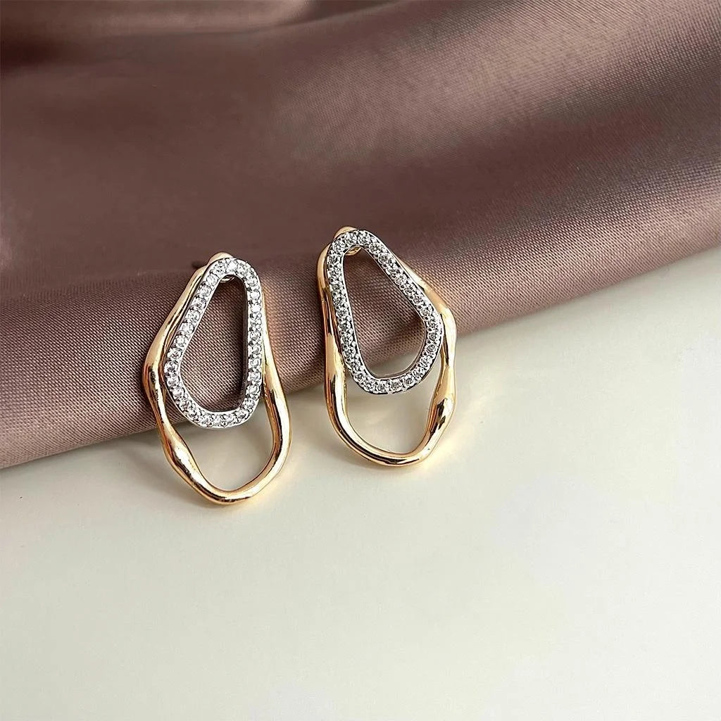 French Vintage Two Tone Copper Micro Pave Zircon Geometric Irregular Hollow Line Drop Earrings
