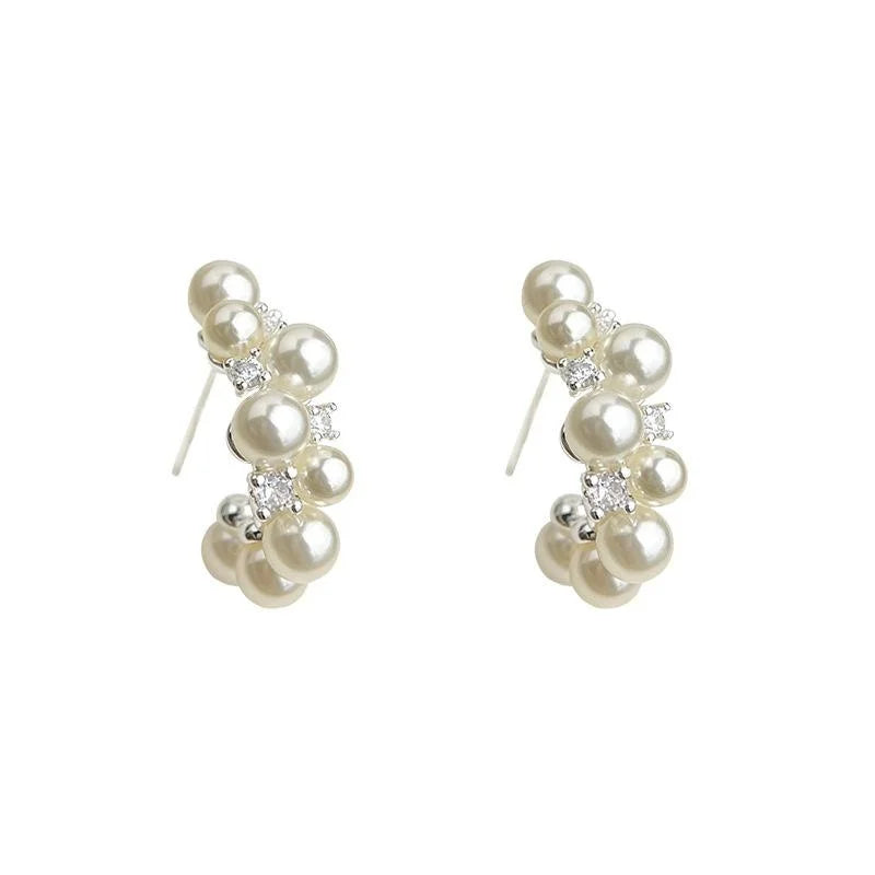 Light Luxury Copper Geometric Synthetic Pearl Drop Earrings With Zircon Pave