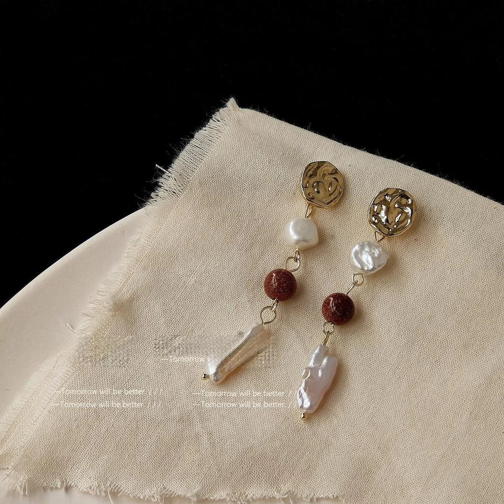 Vintage Handmade Irregular Freshwater Pearl Long Stud Earrings With Silver Plated Pins