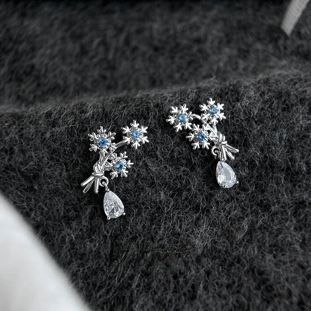 Original Snowflake Aquamarine Zircon Copper Drop Earrings Designer Floral Geometric Style