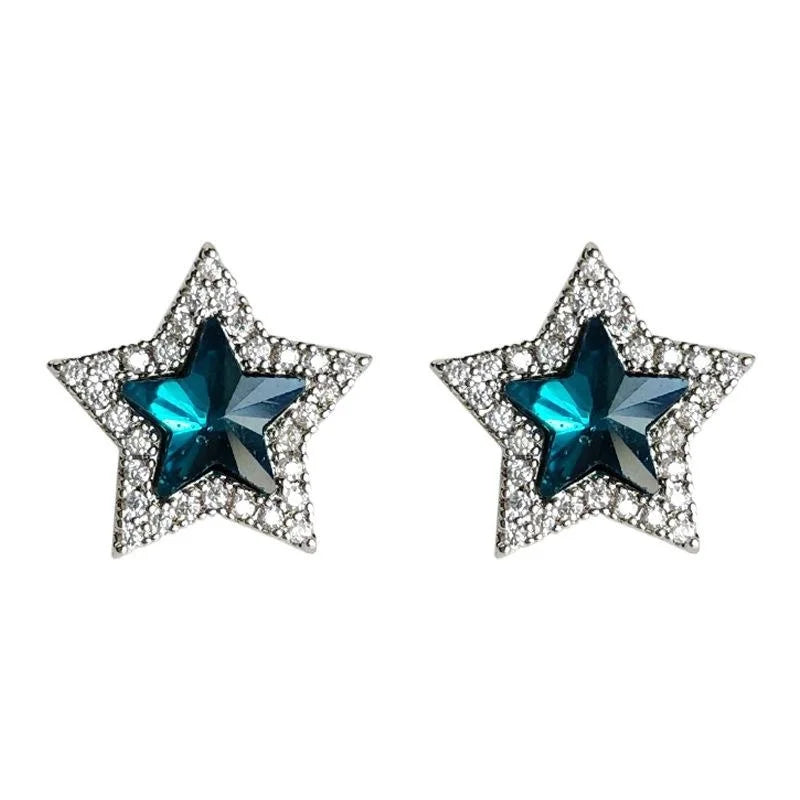 Minimalist Blue Five Point Star Stud Earrings Copper Micro Pave Zircon Glass Crystal Jewelry