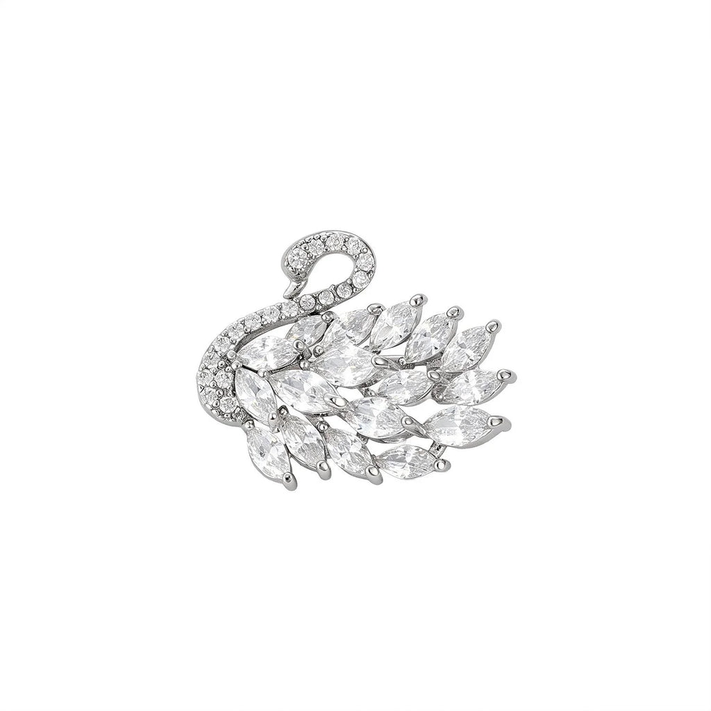 Luxury Copper Zircon Leaf And Swan Brooch, Elegant Rhinestone Lapel Pin Corsage Suit Accessory Gift