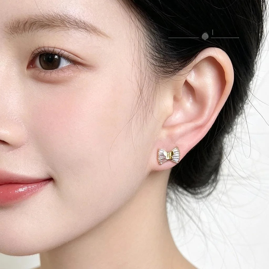Sweet Minimalist Copper Micro Pave Zircon Bowknot Mini Stud Earrings