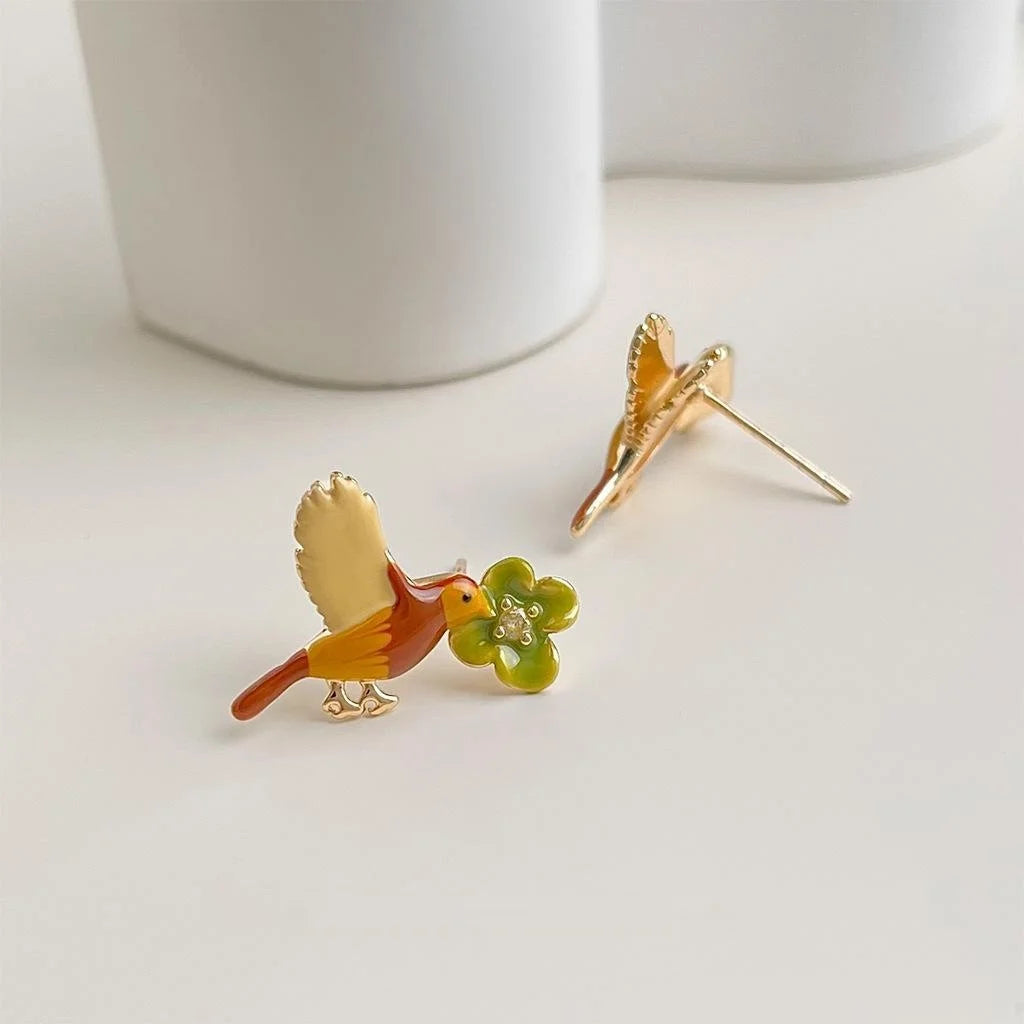 Elegant Enamel Glazed Copper Bird Flower Stud Earrings With Silver Plated Pins