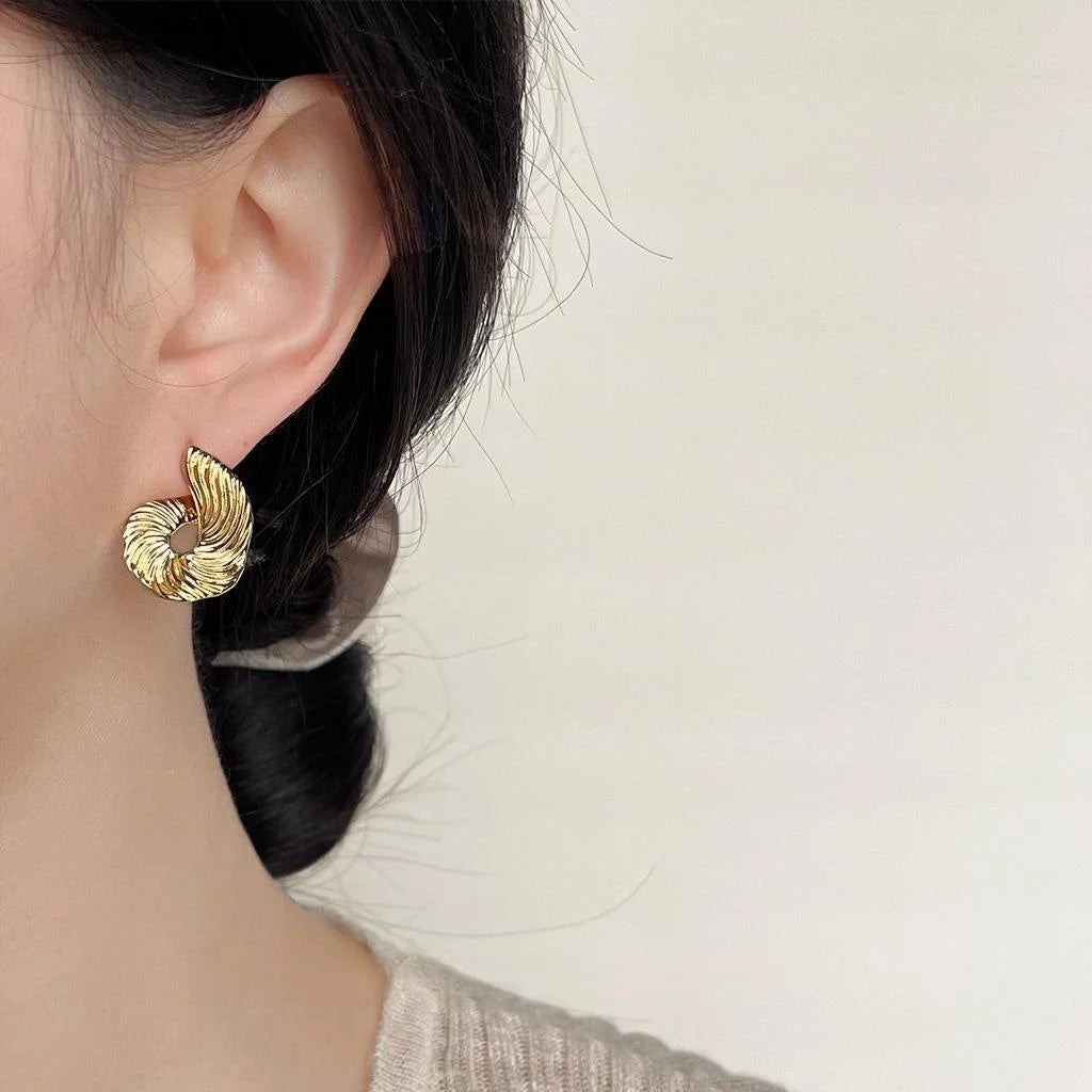 French Vintage Textured Copper Stud Earrings Irregular Geometric Hoop Design