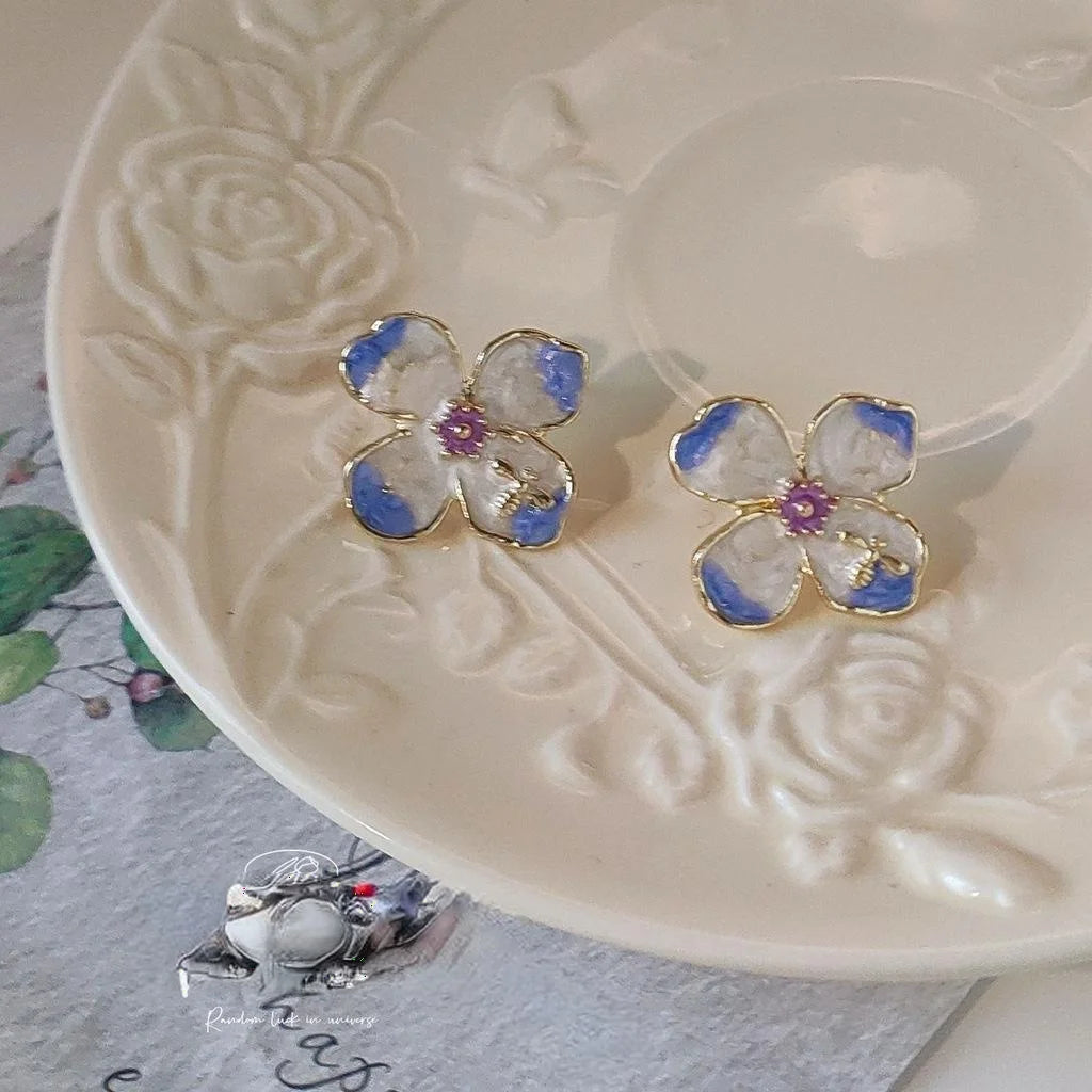 Sweet Forest Style Gradient Purple Enamel Flower Alloy Stud Earrings French Vintage Jewelry