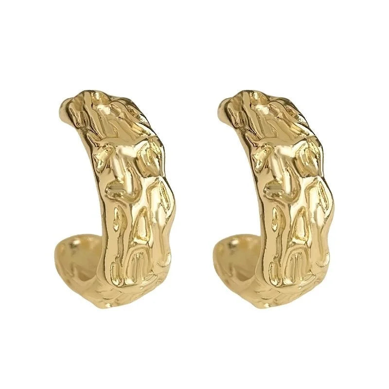 14K Gold Plated Copper C Shape Hoop Earrings Textured Geometric Minimalist Luxury Style