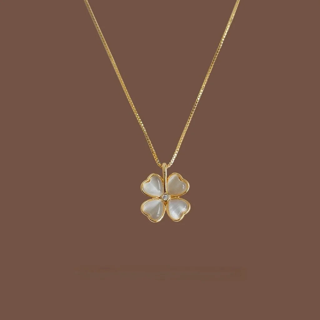 14K Plated Glass Cat Eye Stone Heart Flower Choker Necklace For Women Elegant Minimalist Jewelry