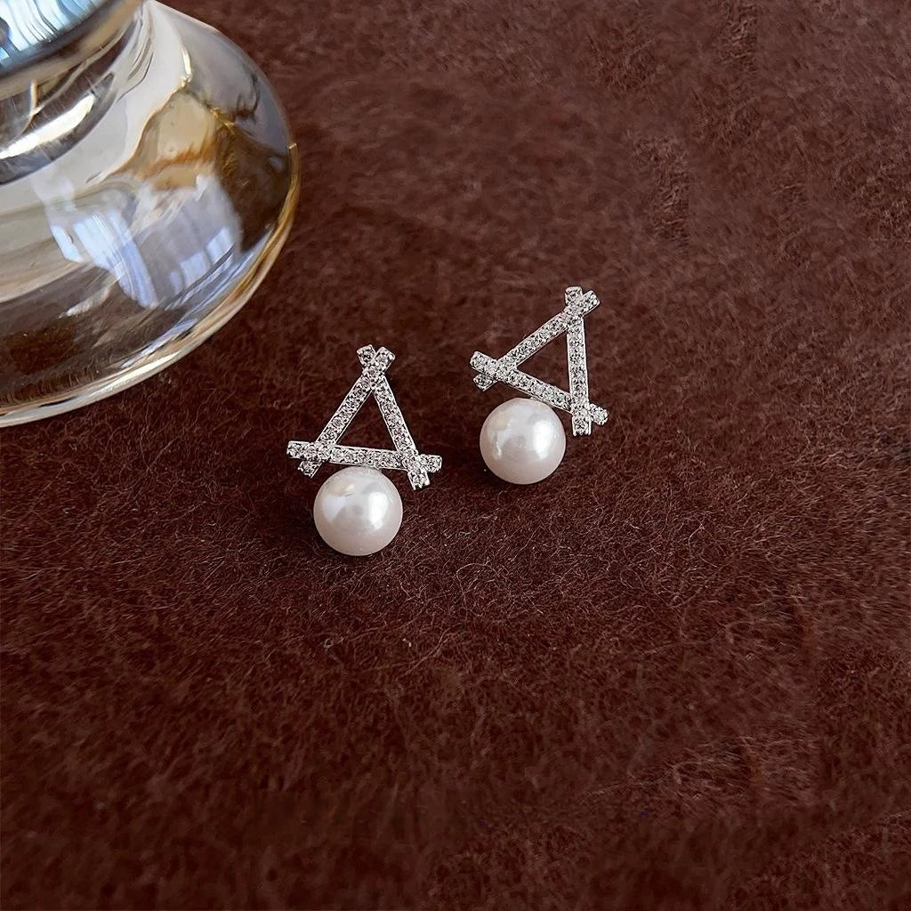 Elegant Geometric Glass Pearl Stud Earrings Copper Micro Pave Zircon Hollow Triangle Design