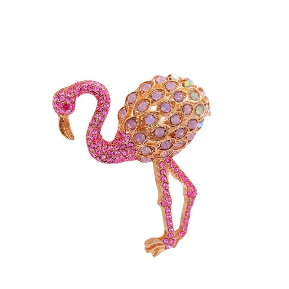 Luxury Pink Rhinestone Flamingo Brooch Gold Tone Alloy Animal Lapel Pin Corsage Suit Accessory Gift