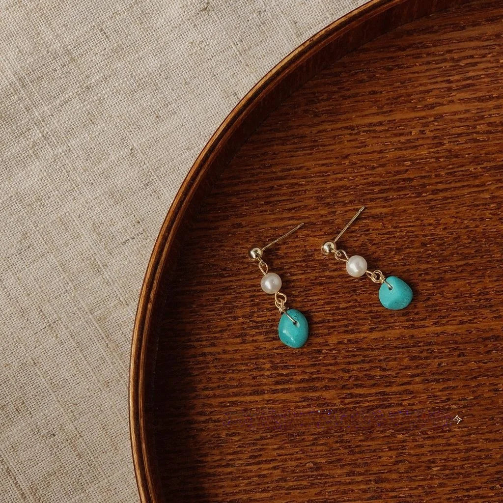 Handmade Freshwater Pearl Synthetic Turquoise Geometric Drop Earrings With 14K Plated