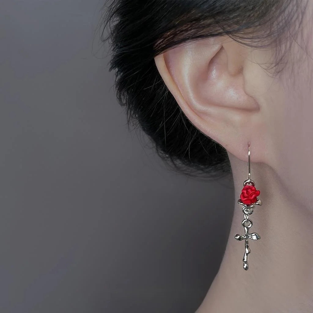 Copper Red Rose Flower Drop Earrings, Minimalist Sweet Cool Style