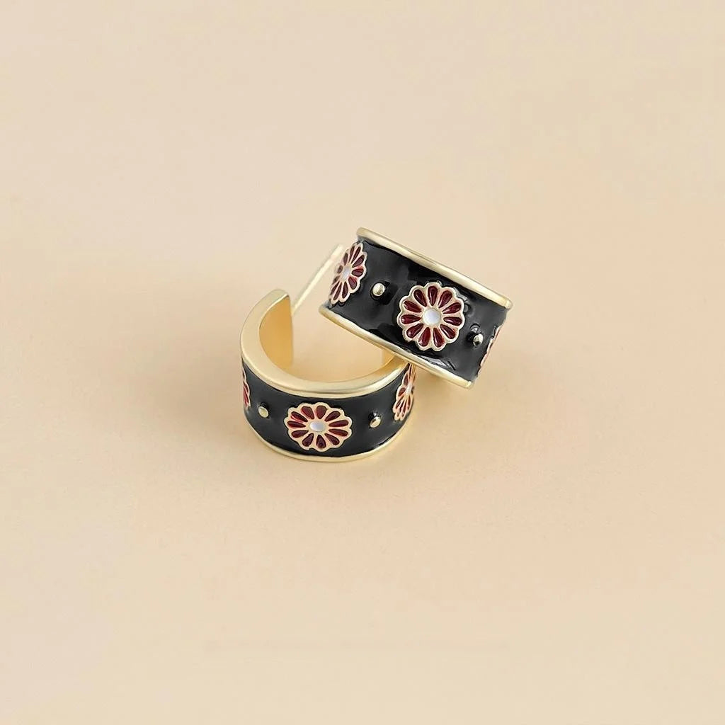 Vintage Japanese Style Copper Daisy Semi Circle Enamel Stud Earrings For Women
