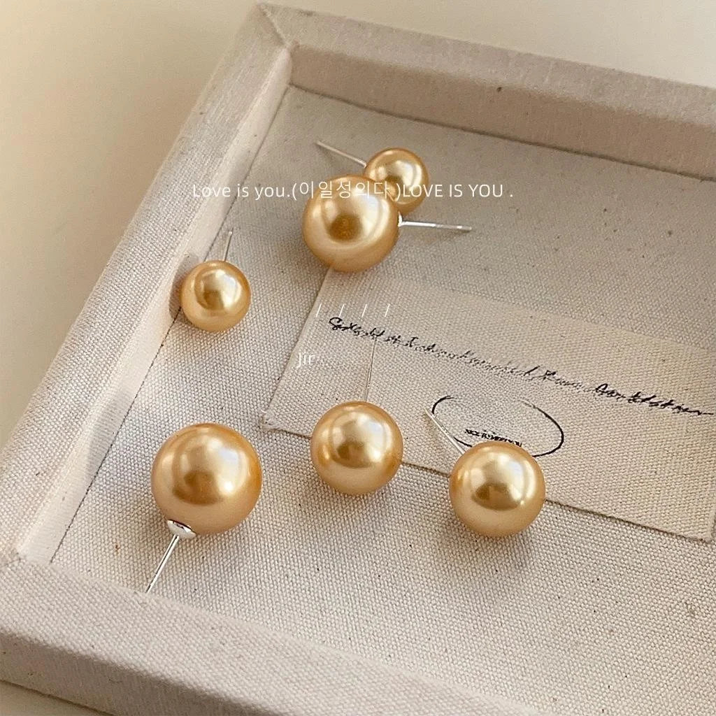 Gold Glass Pearl Round Stud Earrings French Light Luxury Geometric Fashion Jewelry