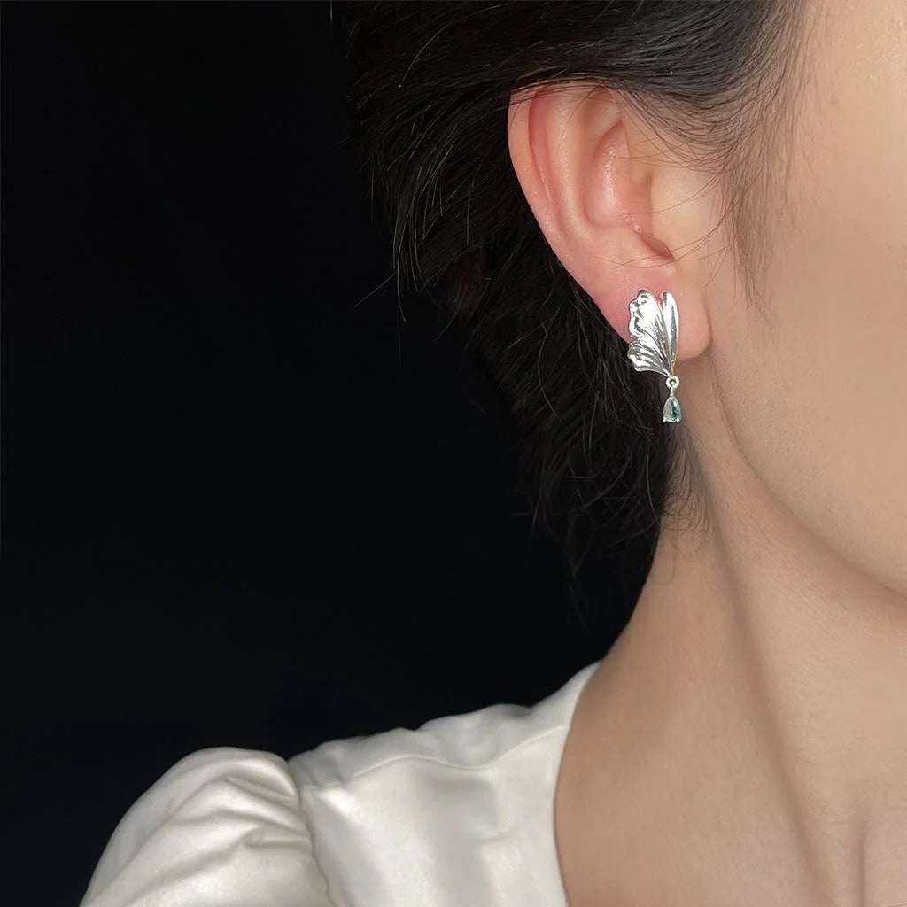 Elegant Copper Aquamarine Zircon Butterfly Teardrop Drop Earrings With Silver Plated Posts