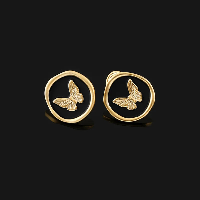 Vintage Matte Gold Alloy Black Enamel Butterfly Round Stud & Clip On No Piercing French Style Earrings