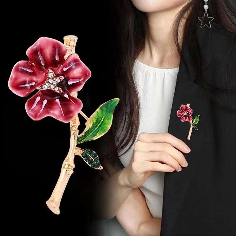 Elegant Enamel Burgundy Flower Brooch With Rhinestone Center, Alloy Stem Lapel Pin Corsage Suit Accessory Gift