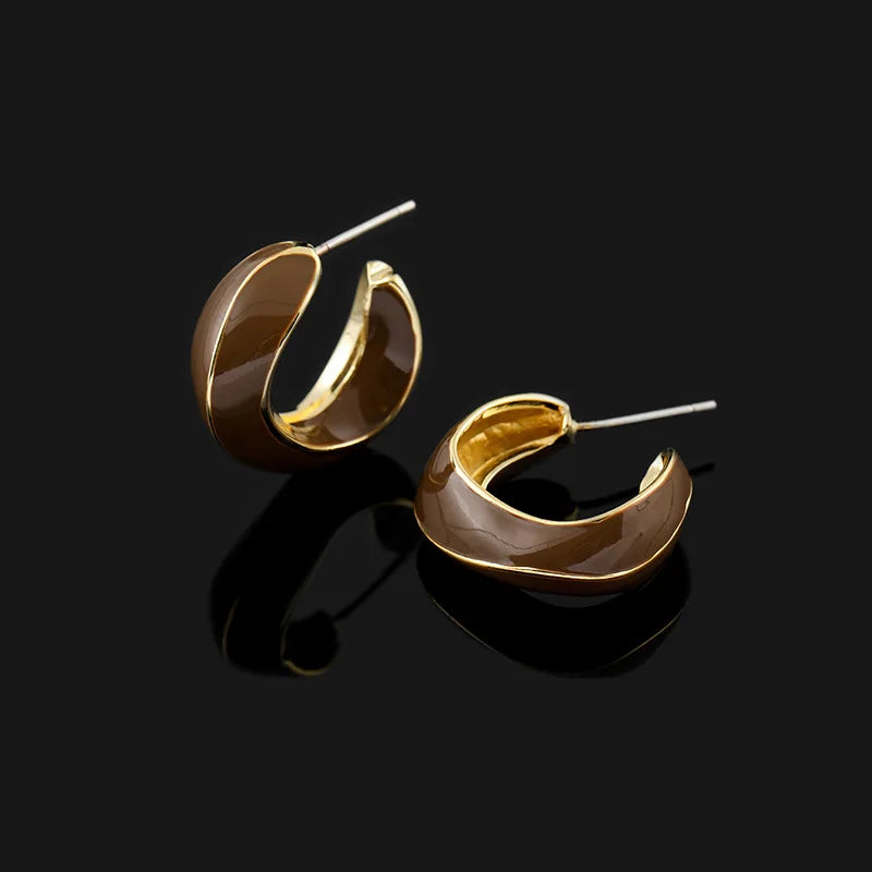 Elegant Vintage Brown Enamel Geometric Spiral Disc Alloy Wide Hoop Stud & Clip On No Piercing Earrings