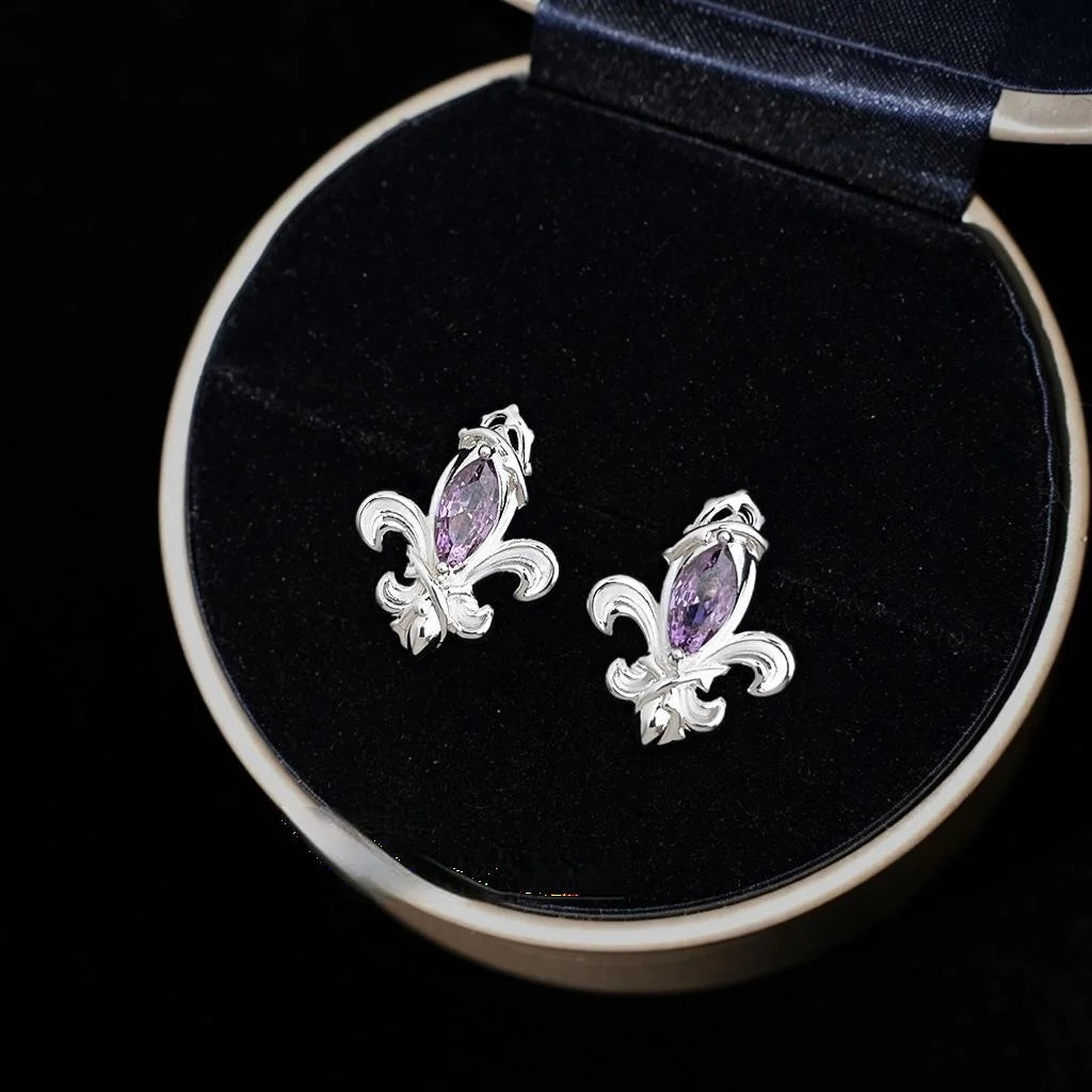Iris Flower Purple Zircon Inlaid Eco Copper Stud Earrings Elegant Light Luxury Jewelry