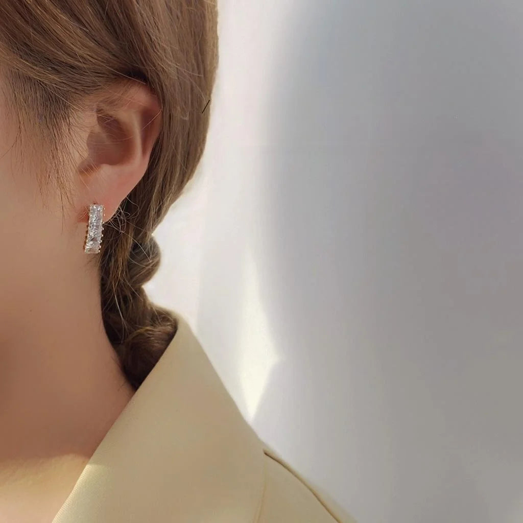 Minimalist Geometric Square Zircon Copper Drop Earrings With Micro Pave Row Stones