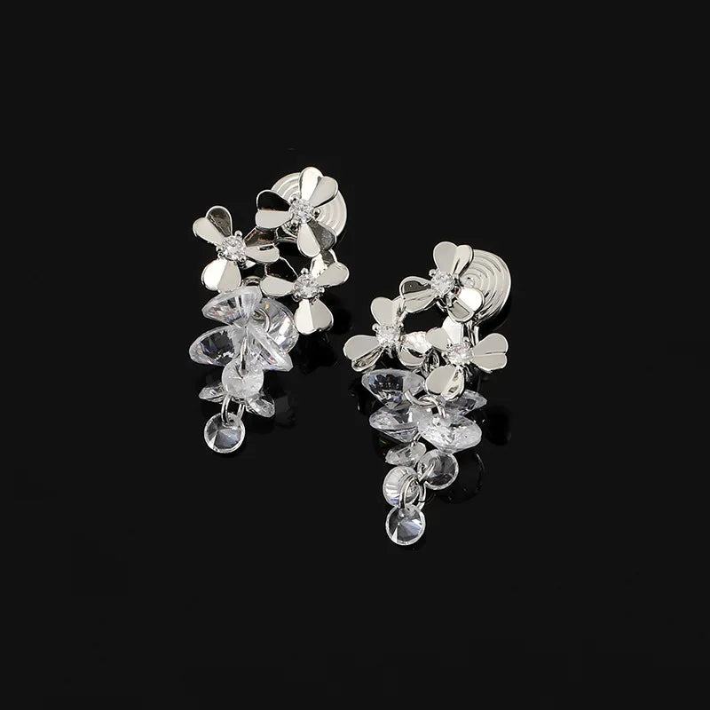 Elegant Zircon Crystal Grape Cluster Floral Tassel Stud & Clip On No Piercing Drop Earrings