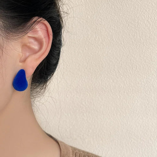 Vintage Royal Blue Flocked Teardrop Drop Earrings, Furry Winter Geometric Hoop Jewelry For Women