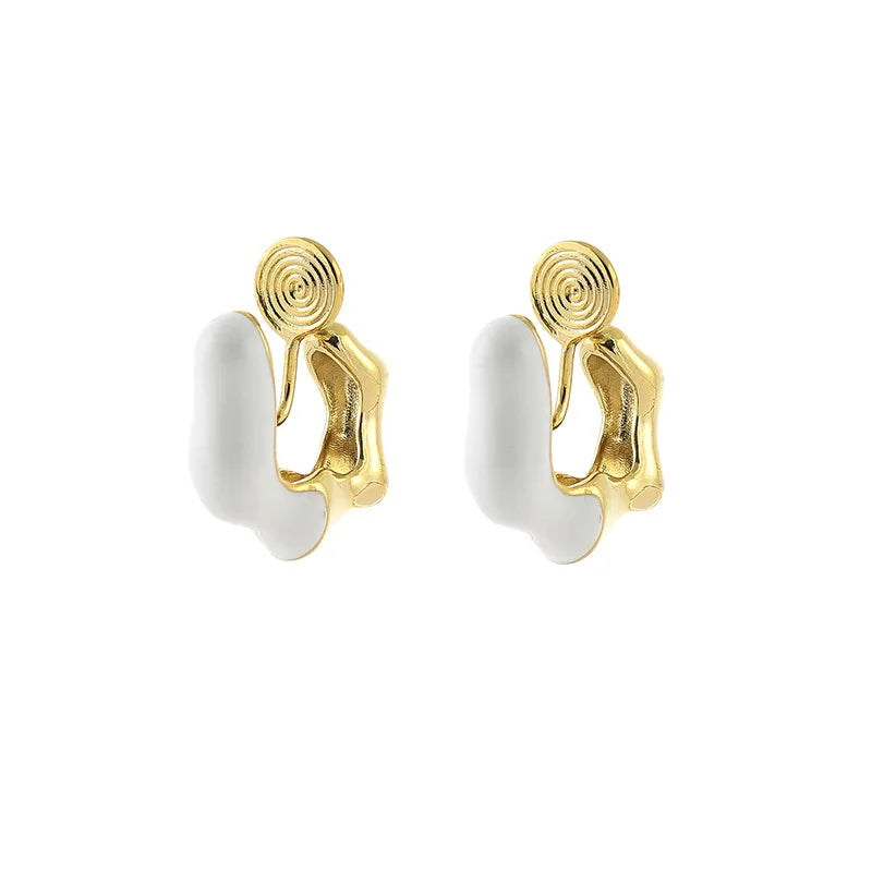 Luxury Geometric Coil White Enamel Alloy Stud & Clip On No Piercing Ear Cuff Hoop Earrings