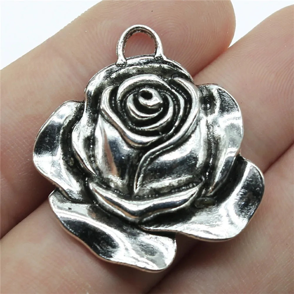 36x33mm 5.1g Antique Silver Zinc Alloy Rose Flower Charm Pendant for DIY Vintage Jewelry Making