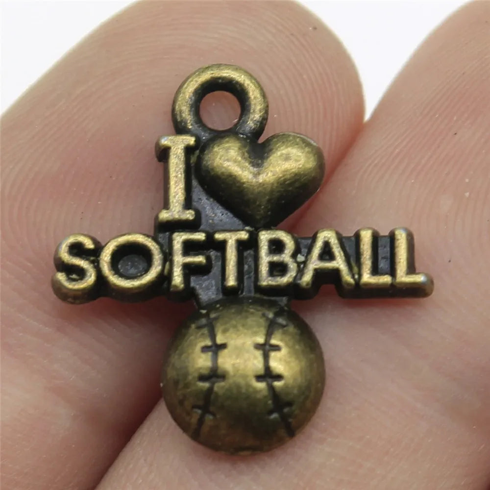 20x19mm 1.5g Multicolor Zinc Alloy I Love Softball Sports Charm Pendant for Bracelet Necklace Making