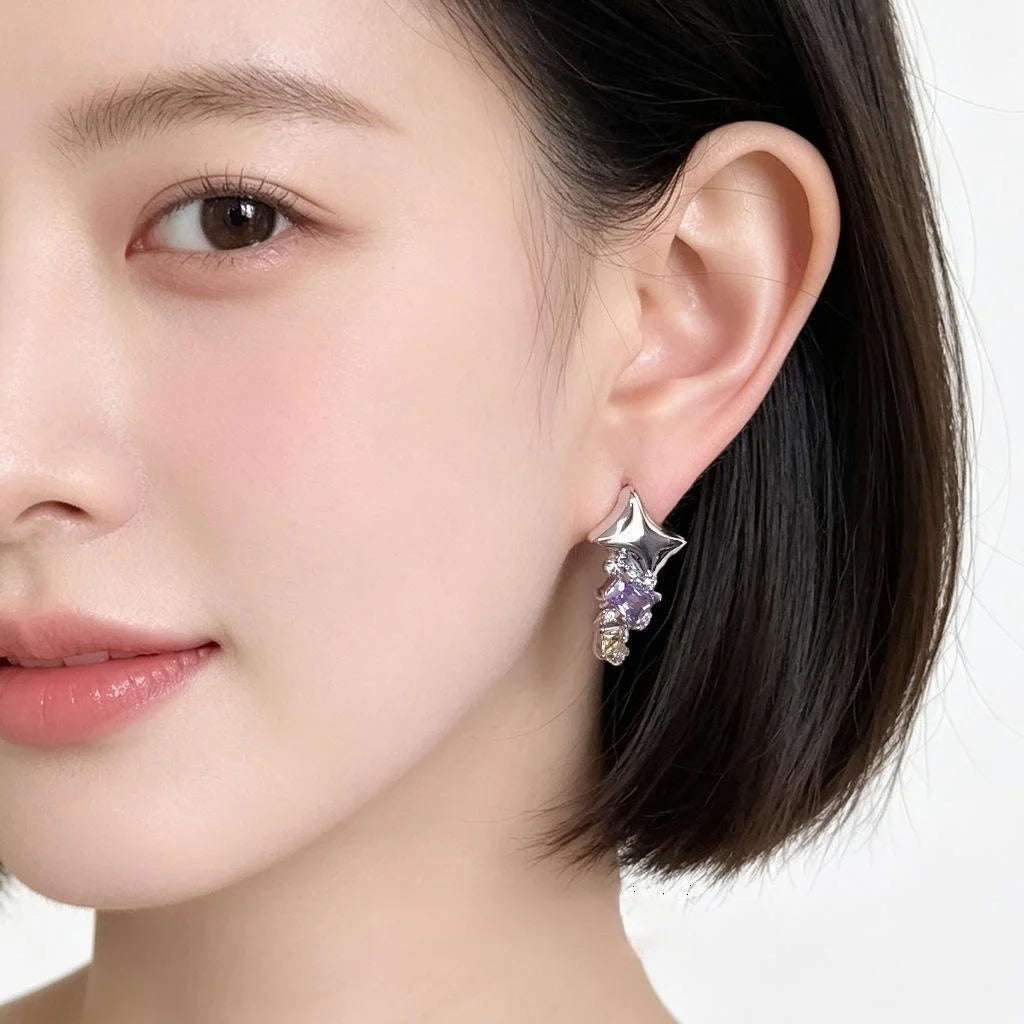 Eco-Friendly Copper Micro Pave Zircon Purple Geometric Square Stud Earrings Sweet Cool Metal Style