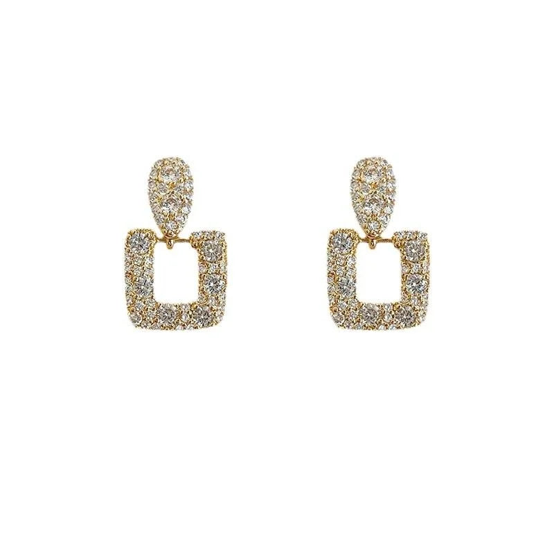 18K Gold Plated Copper Zircon Geometric Rectangle Clip On Drop Earrings