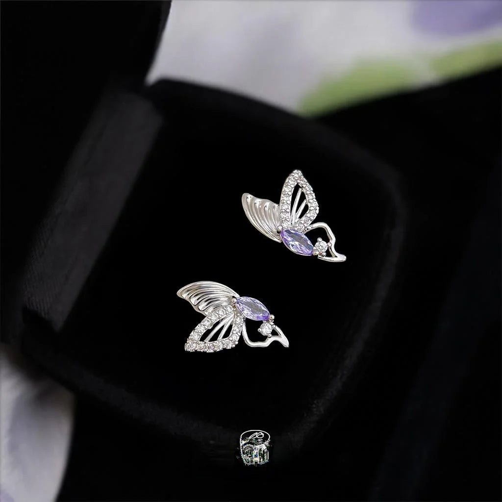 Purple Butterfly Micro Pave Zircon Copper Stud Earrings Elegant Minimalist Style