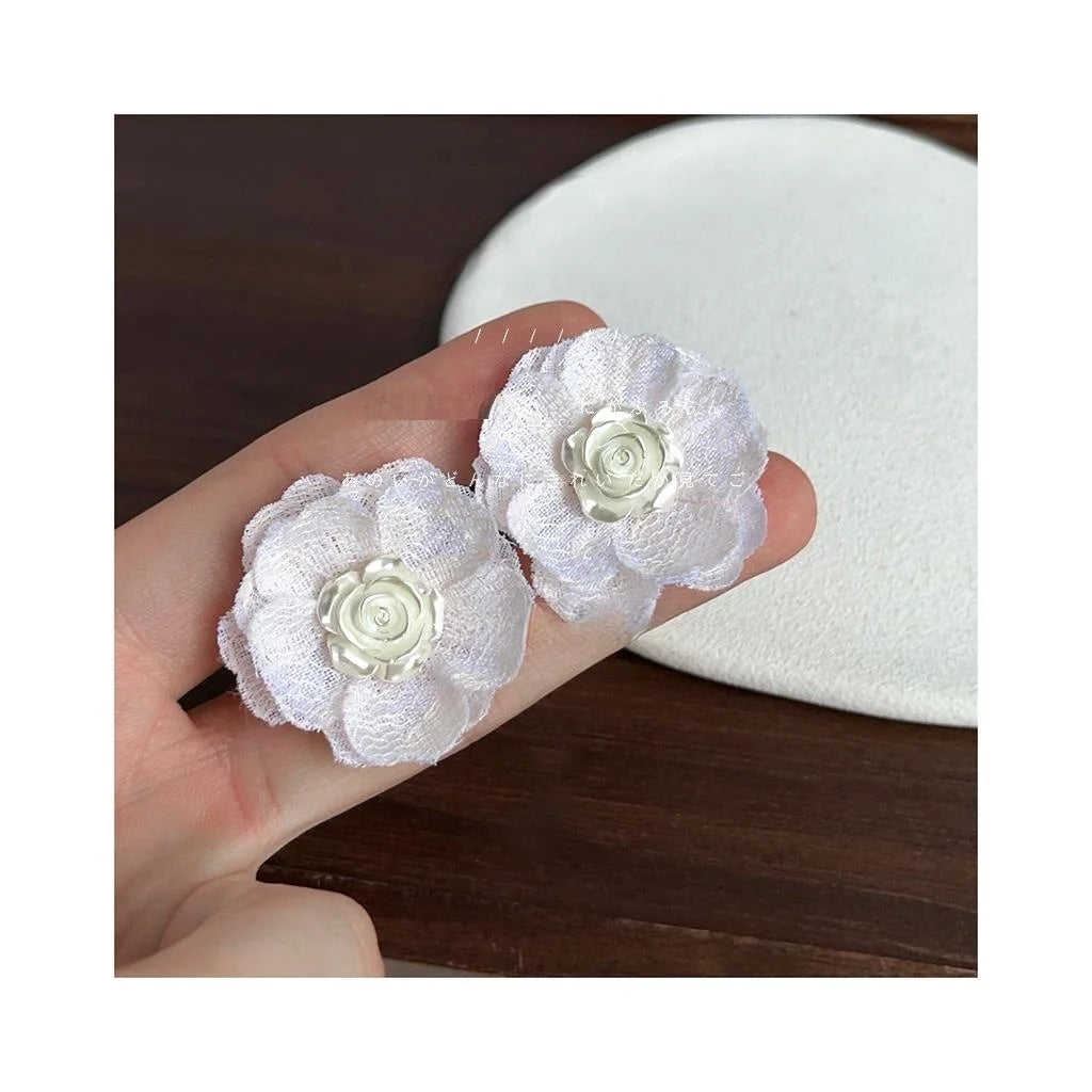 Fairy Style White Mesh Fabric Big Flower Drop Earrings Handmade Statement Floral Summer Jewelry