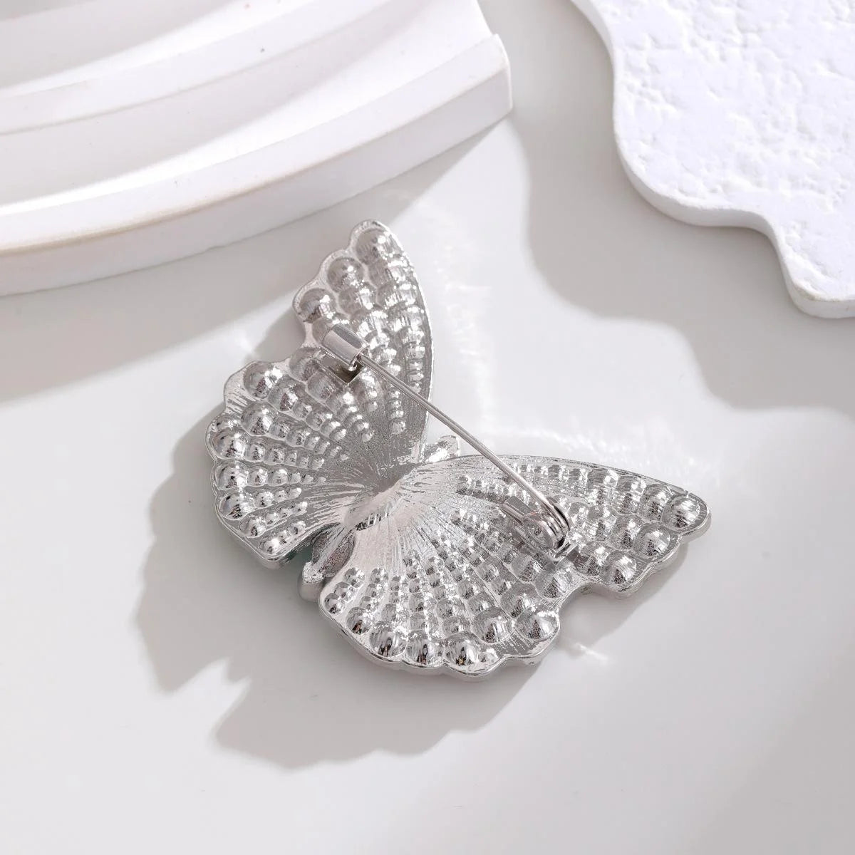 Elegant Full Rhinestone Butterfly Brooch With Pink Marquise Stone, Luxury Lapel Pin Suit Accessory Gift