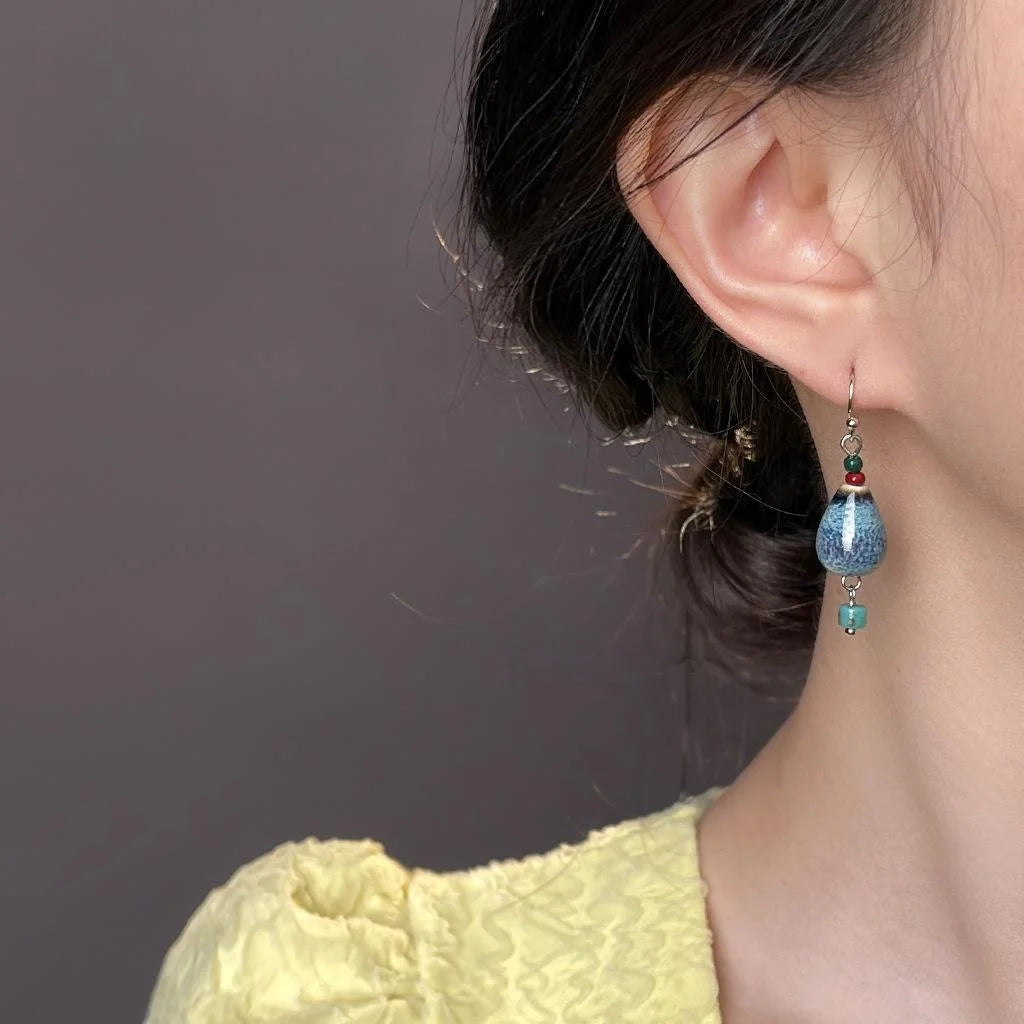 Handmade Ceramic Gourd Drop Earrings Vintage Chinese Style Geometric Round Waterdrop Jewelry